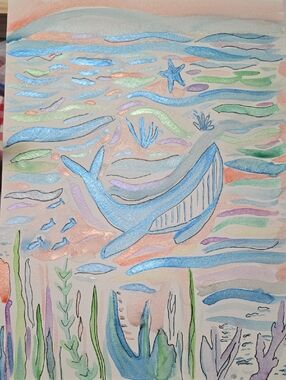 Hand-Painted Watercolor Whale Art - Pastel Ocean Colors